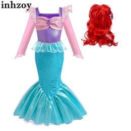Dancewear Childrens and Girls Halloween Party Mermaid Role Play Costume Long Short sleeved Pleated Shoulder Sparkling Fishtail Dress and Starfish WigL2405