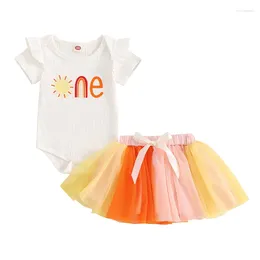 Clothing Sets Summer Infant Baby Girls Birthday Outfit Letter Print Short Sleeve Rompers And Colorful Tulle Skirt Set Cute Clothes
