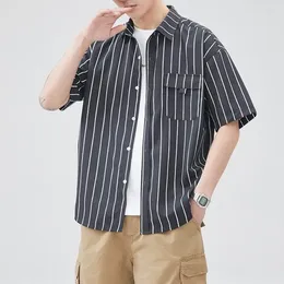 Men's Casual Shirts Summer Striped Solid Colour Pockets Turn-down Collar Button Cardigan Shirt Coats Clothing Short Sleeve Preppy Style Tops