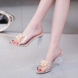Dress Shoes 2024 Summer New Fashion Womens Outwear Slippers Round Toe Open Flower Water Diamond Fairy Style Comfortable High Heels H240516