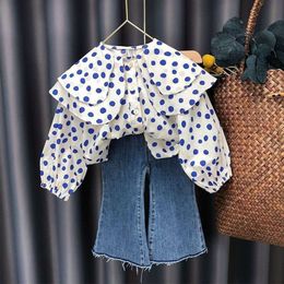 Spring and Autumn New Girl Clothing Sets Cute Polka Dot Large Polo Neck Shirt Long sleeved T-shirt+Jeans Fashion Kids Outfits L2405