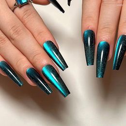 False Nails 24pcs Wearable Lake Blue Cat Eye Manicure Long Starry Sky Glitter Fake