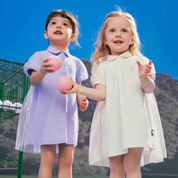 Girl's Dresses Amila2024 Summer New Childrens Short Sleeve Dress Girls Polo Collar Solid Colour High Quality Dress Purple White OptionalL2405