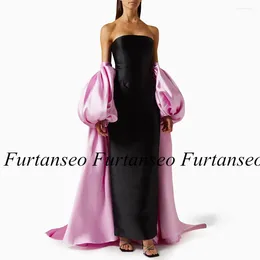 Party Dresses Black Evening Dress With Pink Detachable Cape Strapless Ankle Length Satin Prom Saudi Arab Simple Gown For Wedding