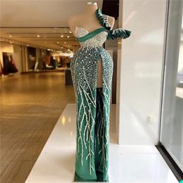 Hunter Green Mermaid Evening Dresses One Shoulder Sequins Ruffles Prom Gown Custom Made Formal Party Glitter Split Floor Length Vestido 273G