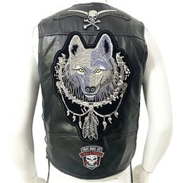 Moto Leather Vest Patch Mens Motorcycle Sleeveless Jacket Moto Biker Waistcoat Locomotive Club Punk Veste 240515