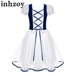 Dancewear Kids Girls Romantic Giselle Ballet costume pattinaggio ginnastico da ballo maniche a bolle corta velluto in velluto in pizzo tutu abito Leotardl240502