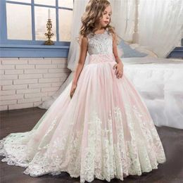 Girl's Dresses Pink Flower Princess Dress for Girls Bridesmaid Wedding Ceremony Bow Long Gown Children Formal Gala Costume Evening Party Cloth