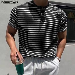 Men's T Shirts INCERUN Tops 2024 Korean Style Men O-neck Striped Shoulder Loose T-shirts Casual Streetwear Elastic Short Sleeved Camiseta