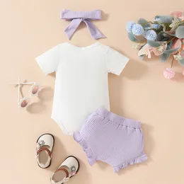 Clothing Sets Baby Girls Summer Outfits Letter Print Short Sleeve Romper And Ruffled Ribbed Shorts Cute Headband 3 Piece Clothes