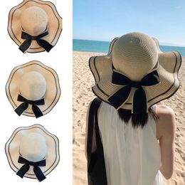 Berets Ribbon Bow Straw Hat Handmade For Dress-up Wear Party Simple Casual Wide Brimmed Beach Girls