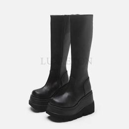 Boots Womens leather shoes spring and summer high platform heels elastic motorcycle black boots Gothic zippered womens knee H240516
