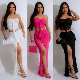 NEW Designer Summer Skirt Sets Women Strapless Tank Crop Top And Split Long Skirt Two Piece Sets Sexy Mesh Dress 2pcs Suits Wholesale Clothing 11053