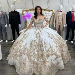 Shiny Spaghetti Strap Quinceanera Dress Princess Prom Gown Gold Appliques Lace Beads Tull Sweet 16 Dress Vestidos De 15 Anos
