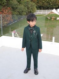 Kids Tuxedo Party Wear Teenager Graduation Birthday Costume Children Dark Green Photograph Suit Flower Boys Formal Wedding Dress