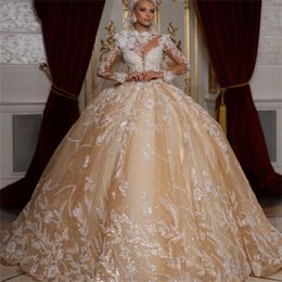 Princess Saudi Arabien Wedding Dresses Ball Gown Illusion High Neck 3D Flowers Mariage Bridal Gowns African Vestido de noiva