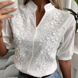 Women's Blouses Hollow Lace Fabric Tops Women Relaxed Fit Shirt Elegant Floral Casual With Stand Collar V-neck Half