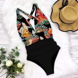 Sexy One Piece Swimsuit Female Floral Women Swimwear Push Up Bathing Suits Bodysuits Beach wear Deep V-neck Monokini 240516