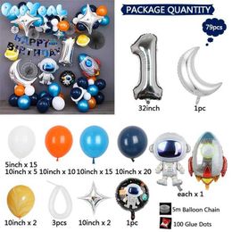 Party Balloons 79pcs Silver Number 1-9 Outer Space Balloon Garland Arch Kit with Astronaut Rocket Blue White Latex Globos Birthday Party