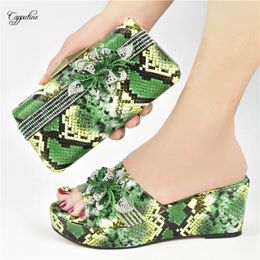 Dress Shoes Green Women And Bag Fashion African Summer Wedges Heels Slippers Match With Handbag Set Clutch Femme Pantoufles 958-2 6.5C