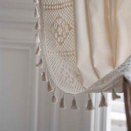 Beige hollow curtain, Bohemian wind polyester hollow tassel decoration blackout curtain, home bedroom living room dining room kitchen four seasons universal