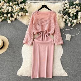 Work Dresses Knitted Matching Sets Women 2024 Long Sleeve Cropped Openwork Sweater Pullover And Bodycon Midi Dress Two Piece Set