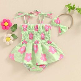 Girl's Dresses Newborn Baby Girls Sleeveless Tie-Up Shirred Floral Romper Dress with 3D Bow Headband Set Cute Summer Outfits for Infant Toddler