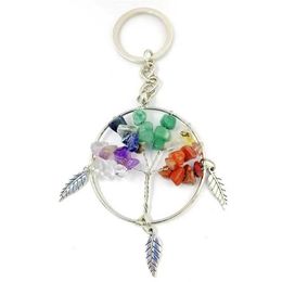 Keychains Lanyards Natural Crystal Stone 7 Chakra Round Tree of Life Pendant Leaves Keychain Key Ring Holder For Women Car Bags Accessories Gift Y240510