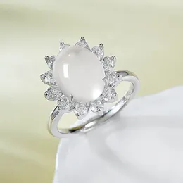 Cluster Rings Jewellery French Light Luxury S925 Silver Sunflower Water Foam Jade 8 10 Ring Chinese Egg Face Small And Fashionable