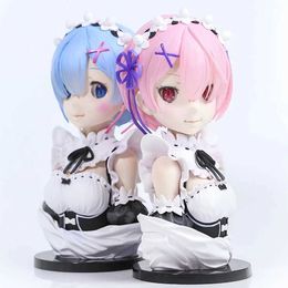 Action Toy Figures Blue Cat Ear Girl Half-length portrait Cute Kawaii Anime Rem Girls Car Ornaments Figurine Decorations Doll Standing Statue Y240516