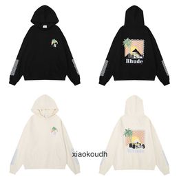 Rhude High end designer Hoodies for trendy coconut racing print hip-hop men and womens couples looped casual hooded hoodie With 1:1 original labels