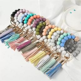 Wooden Tassel Bead String Bracelet Keychain Food Grade Silicone Beads Bracelets Women Girl Key Ring Wrist Strap More Than 10 Colours