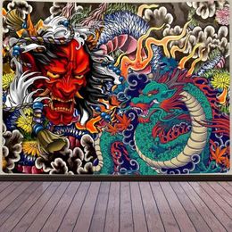 Tapestries Japanese Dragon Tapestry Oni Mask Wall Hanging Aesthetic Anime Art For Men Bedroom Living Room Flannel Fabric