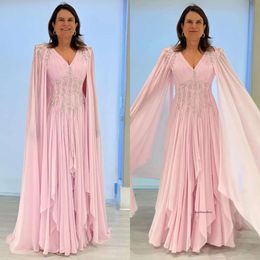 Elegant Pink Mother Of The Bride Dresses With Cape V Neck Wedding Guest Dress Beaded Waist Pleats Floor Length Evening Gowns 0516