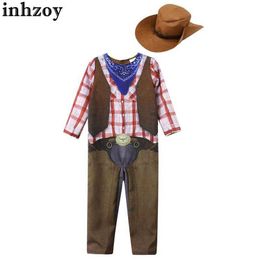Clothing Sets Kids Boys Western Cowboy Costume Halloween Cosplay Party Dress Up One-piece Long Sleeve Plaid Bodysuit with Bandana Felt Hat SetL2405