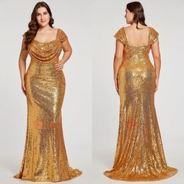 2023 Sparkly Gold Sequined Plus size Evening Prom Dress Square Neck Mermaid Zipper Back Floor Length Ruched New Pageant Dress 256b