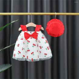 Girl Dresses 2 Pieces/set Baby Dress Hat Summer Full Of Cherry Print Bow Small Flying Sleeves Suspender