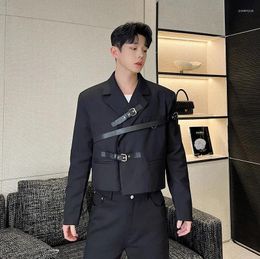 Men's Suits Asymmetric Design Belt Decoration Black Short Suit Jacket Korean Style Fashionable All-match Male Blazer Autumn WA1942