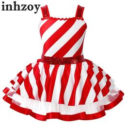 Dancewear Toddler Big Girls Christmas Dance Dress Figure Ice Skating Performance Costume Sleeveless Sequins Candy Cane Leotard Tutu DressL240502