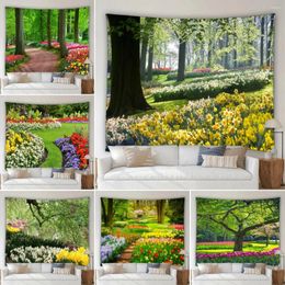 Tapestries Outdoor Garden Landscape Tapestry Mural Spring Flower Plant Green Leaves Jungle Nature Scenery Home Wall Hanging Decor Art