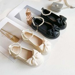 Girls Leather for Wedding Party 2023 Early Autumn Brand New Kids Flats Pearls Ankle Strap Chic Sweet Princess School Shoes L2405 L2405