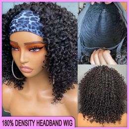 180% Density About 320g 12A High Quality Peruvian Indian Brazilian Black 100% Raw Virgin Remy Human Hair Jerry Curly Headband Wig 14 Inch