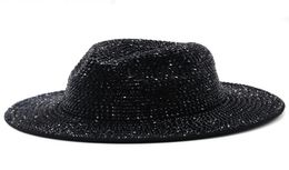 Fedoras Diamond Felt Fedora Hat Bling Rhinestone Panama Wide Brim Jazz Hats for Women Men Women039s Men039s Cap Male Man Wom5541343