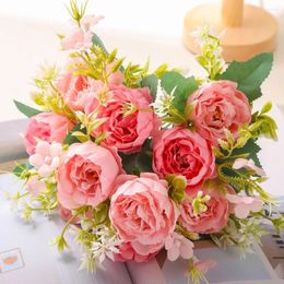 Decorative Flowers Rose Bouquet Artificial Peony Bridal Wedding Silk Fake Flower Home Vase Accessories Christmas Decorations