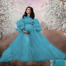Illusion Maternity Dresses High Neckline Long Tulle Sleeves Vestidos For Photoshoot Pros Pregnant Woman Gowns