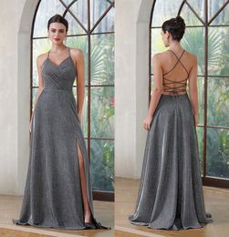 USA: s lager Sparkle Grey Mermaid Bridesmaid Dresses Elegant Sleeveless Cleats Front Split Maid of Honor Gowns Satin Evening Prom Dress BM3218