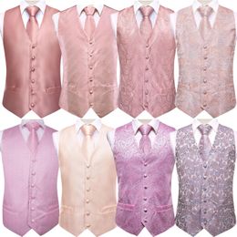 Hitie düğün mercan pembe erkek yelek ipek kravat seti ayarlanabilir jakard yelek ceketi kravat hanky cufflinks resmi parti hediyeleri 240507