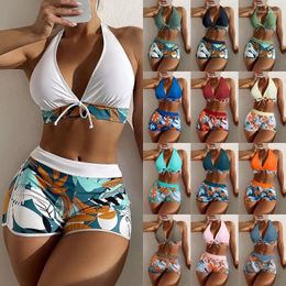 Women's Swimwear Water Play Split High Waist Flat Angle Lace Up Print Solid Colour Spliced Summer Swimsuit Female Bikini Set