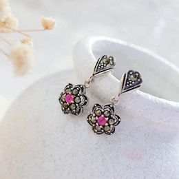 Dangle Earrings Authentic 925 Sterling Silver Earring Lady Retro Style Thai Inlaid Artificial Ruby Short Trendy Jewellery Gift