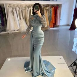 Elegant Women's Evening Dresses Long sleeved High Necked Mermaid Muslim Princess Prom Gowns Arabic Dubai Formal Dress 0516
